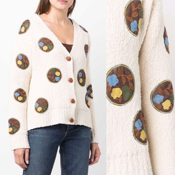 Tory Burch Rare Floral Crochet Patch Chunky Cardigan - Picture 1 of 11